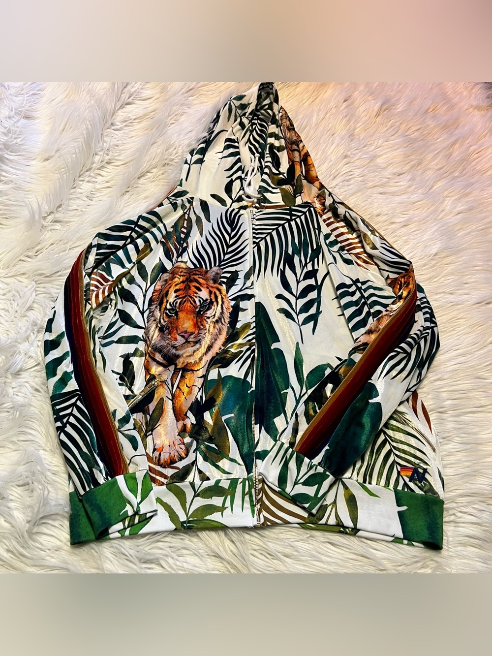 Aviator Nation White Hoodie with Green Tropical Leaves & Tiger Print